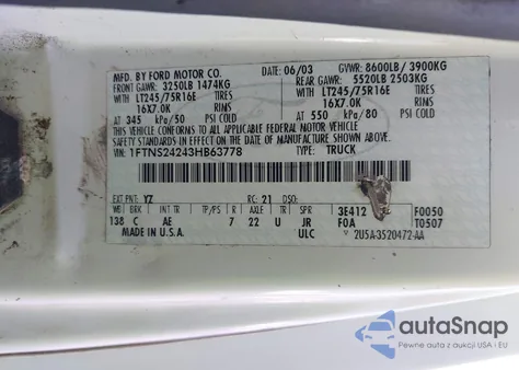 2003 Ford E-250 Commercial from USA, damaged, VIN 1FTNS24243HB63778